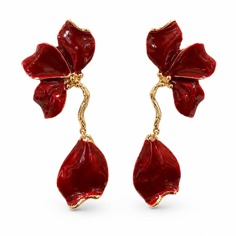 Red Floral Drop Earrings - Gold Accent